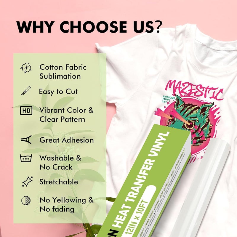 A-SUB Sublimation HTV for Light Fabric, Clear Sublimation Vinyl 12" X 10FT, Matte HTV Vinyl for Sublimation on Cotton Fabric T-Shirt, Pillow, Bag - Image 2